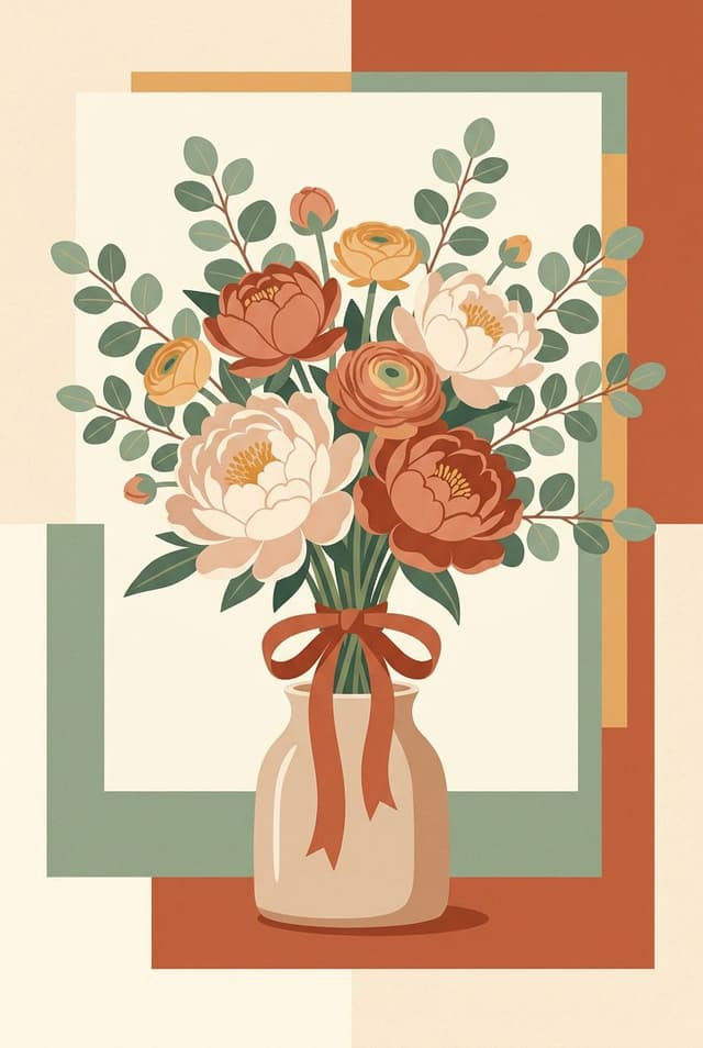 An illustrated bouquet visual in the brand's colors
