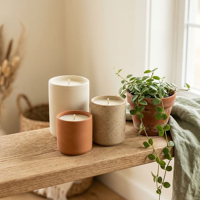 Handmade candles on a sunlit wooden shelf