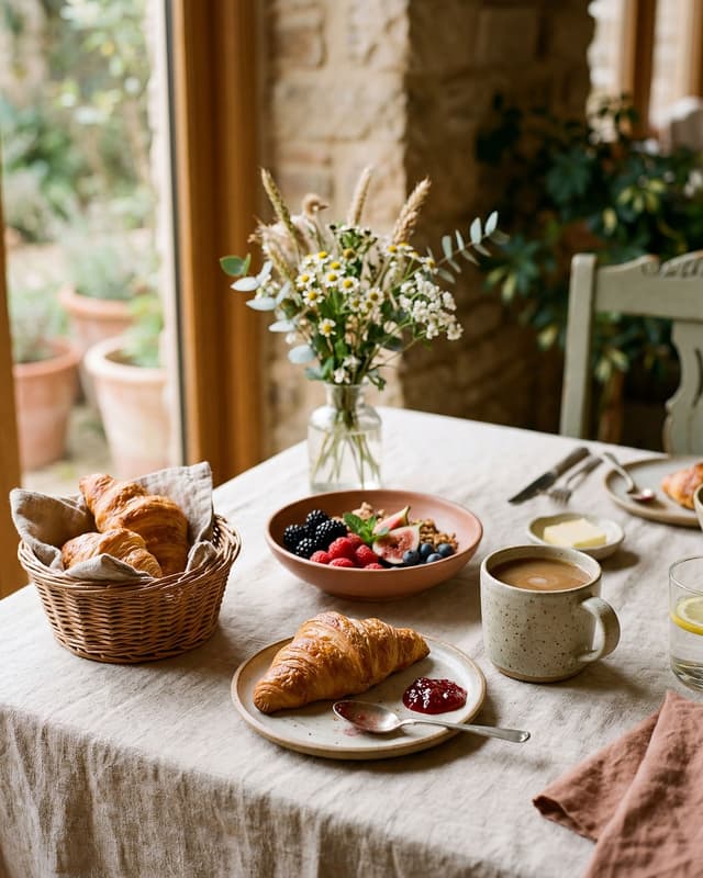 A styled hotel breakfast on a linen table