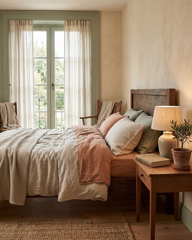 A cosy linen hotel bedroom in soft light