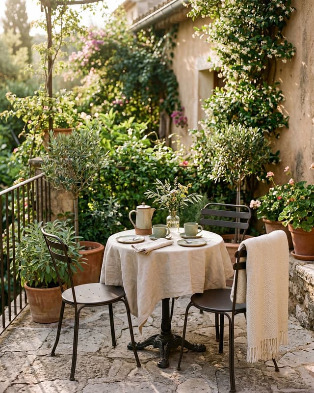 A charming hotel garden terrace at dawn