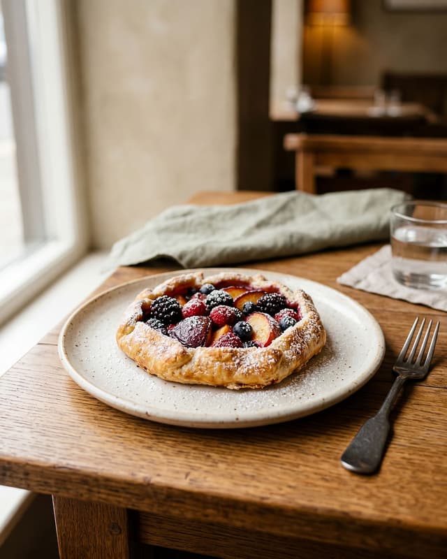 A homemade fruit tart on a wooden table