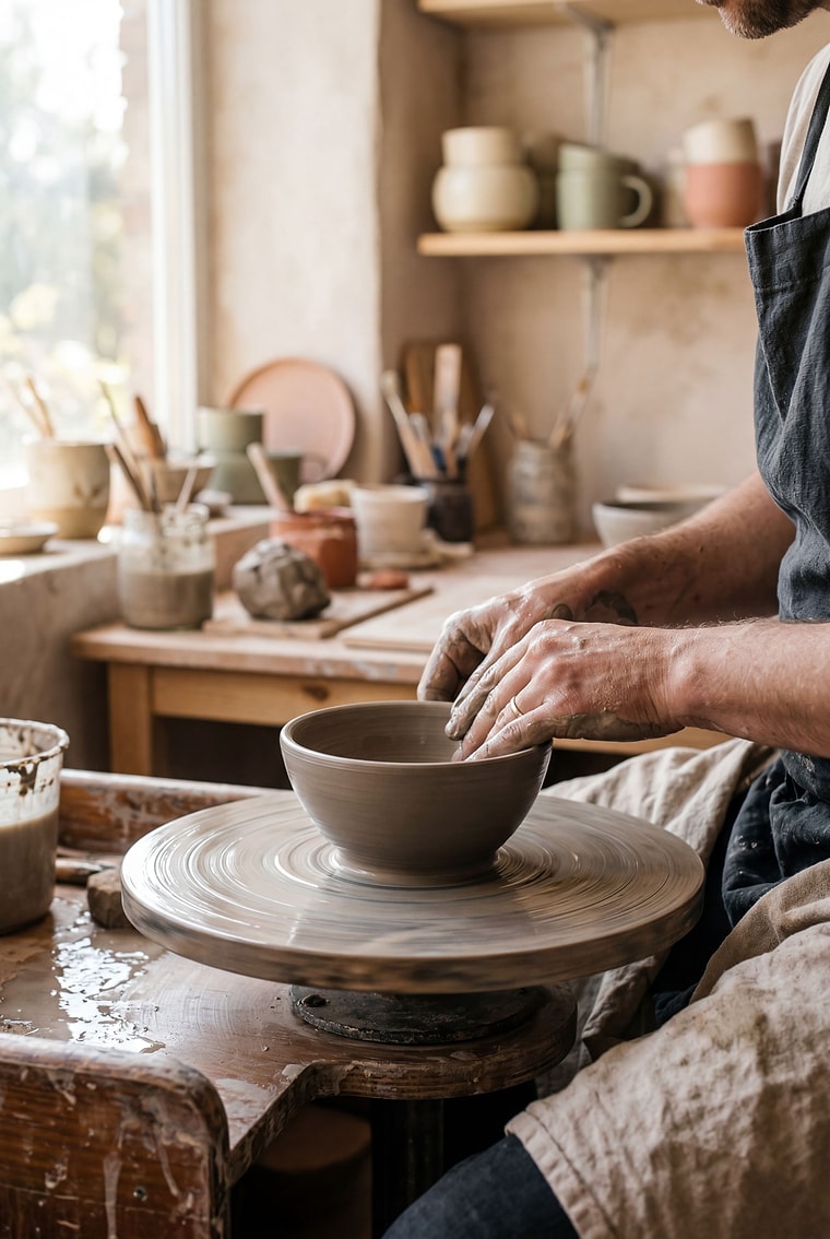 A potter's hands shaping clay on a wheel in a sunlit studio