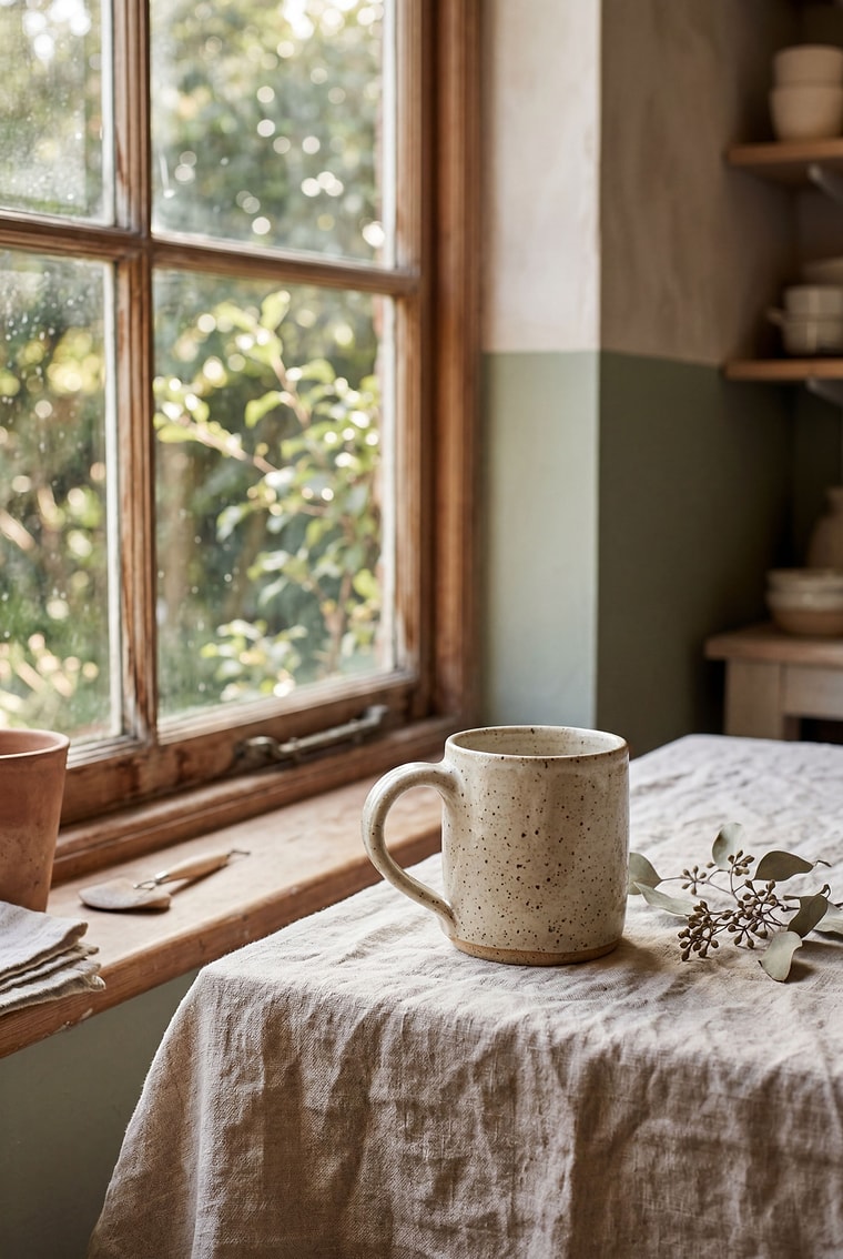 Handmade speckled stoneware mug on a linen table by a window