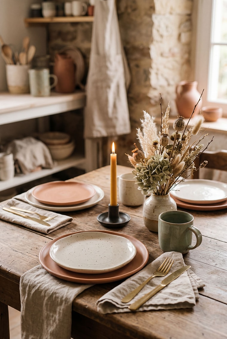 A tablescape of handmade ceramics set for a slow dinner