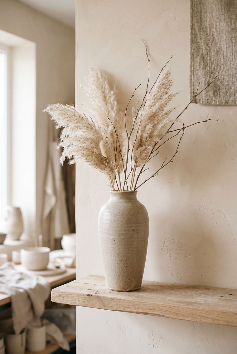 Handmade ceramic vase with dried pampas on a wooden shelf