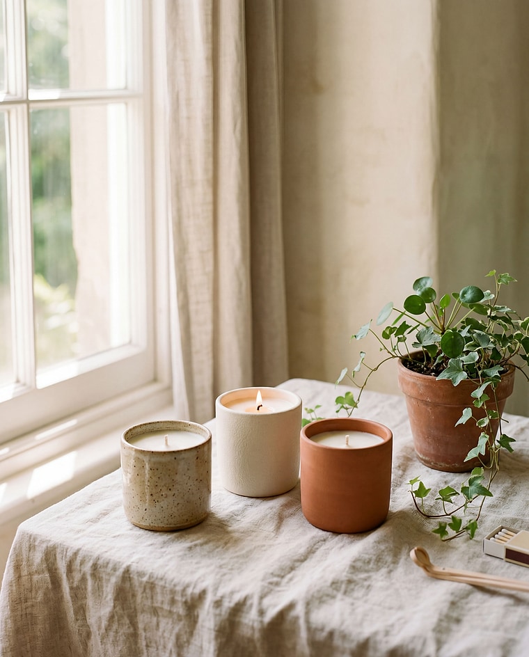Handmade candles on a sunlit wooden shelf