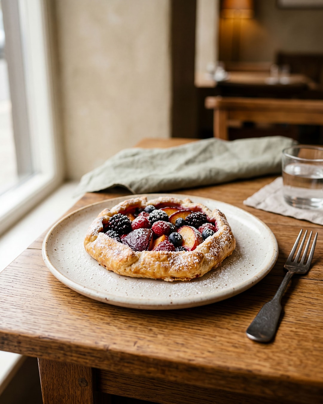 A homemade fruit tart on a wooden table