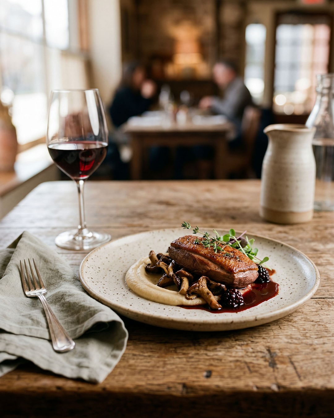 A plated bistro dish in a warm setting