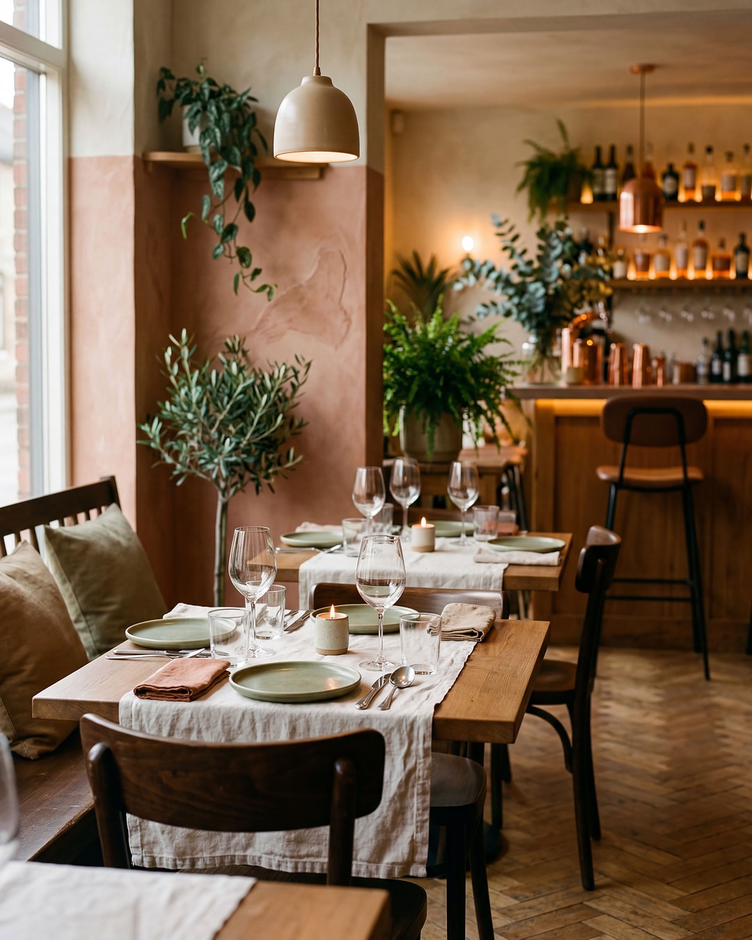 A warm bistro dining room set for the evening